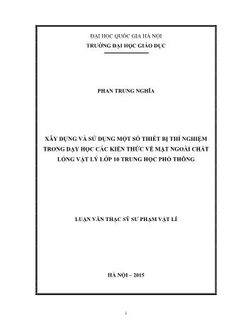 Luận văn Xây dựng và sử dụng một số thiết bị thí nghiệm trong dạy học các kiến thức về mặt ngoài chất lỏng Vật lý lớp 10 trung học phổ thông