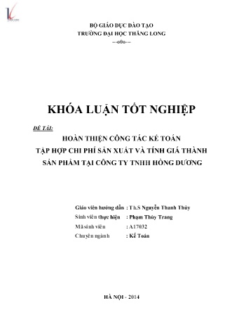 Khóa luận Hoàn thành công tác kế toán tập hợp chi phí sản xuất và tính giá thành sản phẩm tại Công ty TNHH Hồng Dương