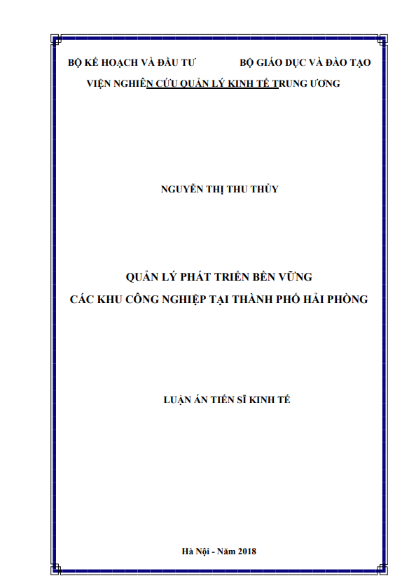 Luận án Tiến sĩ Quản lý phát triển bền vững các khu công nghiệp tại Thành phố Hải Phòng